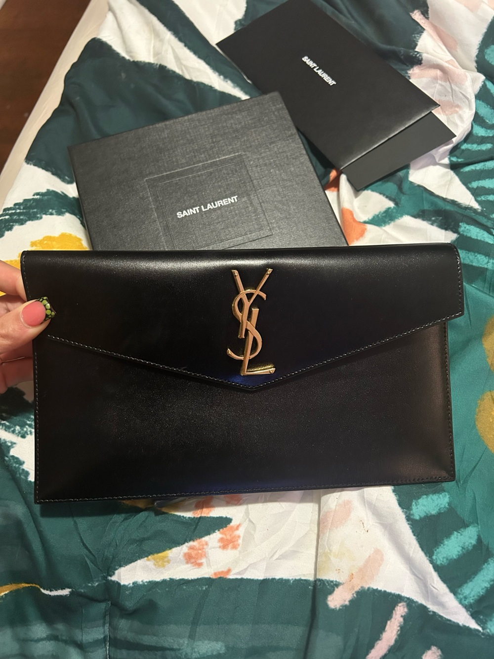 Saint Laurent Black Leather Envelope Card Holder with Gold YSL Logo